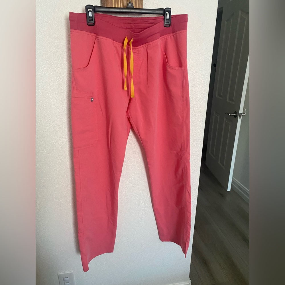 Figs Women’s Large/Tall Neon Pink Kade Cargo Pants with Yellow Drawstring